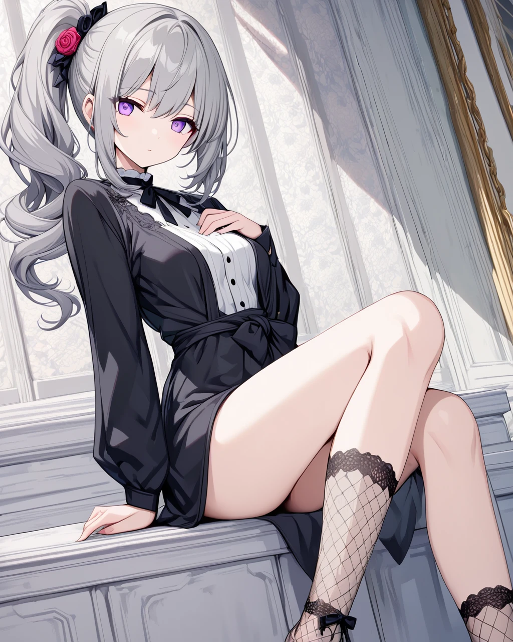 score_9, score_8_up, score_7_up, score_6_up, score_5_up, score_4_up, source_anime, BREAK
SengokuNadeko, 1girl, thighhighs, solo, dress, gloves, black dress, elbow gloves, black gloves, on bed, hand to own mouth, sitting, two-sided skirt, bed, looking at viewer, black thighhighs, sitting on bed, bare shoulders, sleeveless, hair between eyes, sleeveless dress, wariza, two-sided fabric, breasts, ribbon, hand between legs, no shoes, between legs, indoors, seiza, white hair, snake hair,
<lora:SengokuNadeko_PD6XL:1>