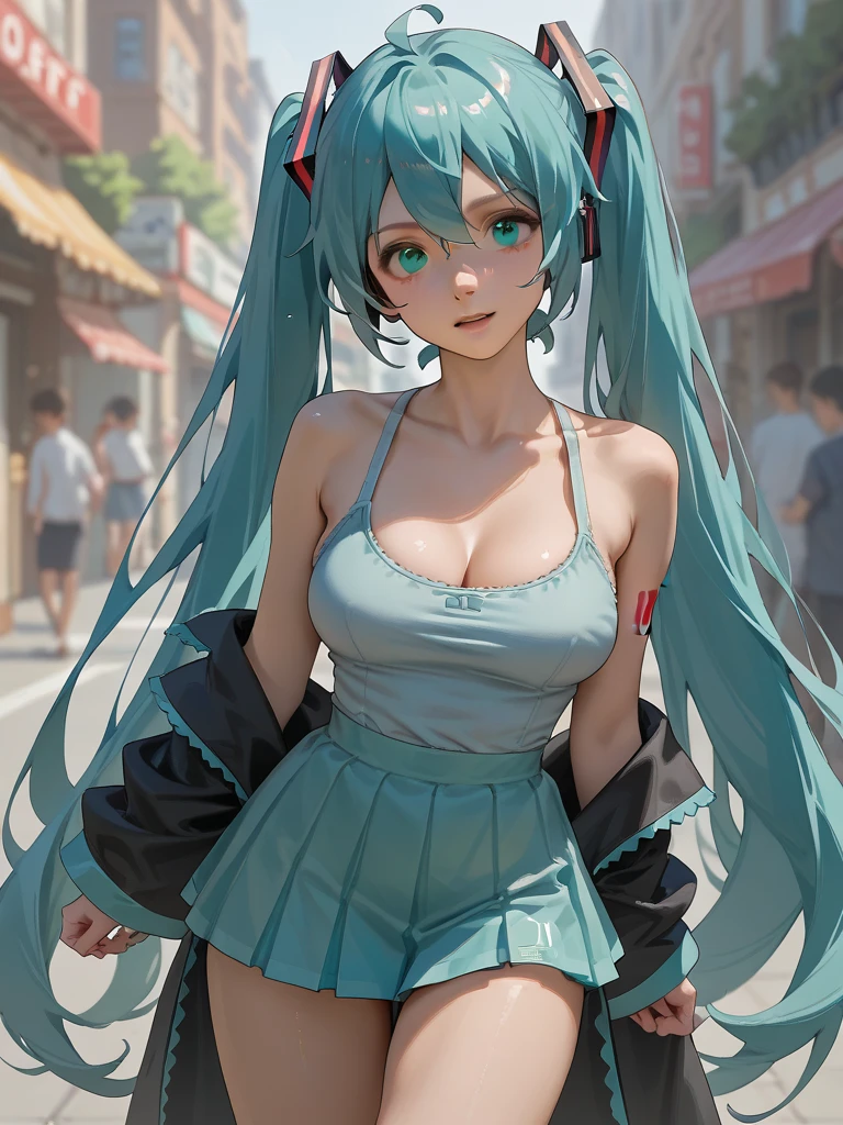 Super detailed, NSFW, masterpiece, High resolution, Photorealistic digital art, perfect lighting, (((1 girl, perfect anatomy))), accurate right hand, accurate left hand, five fingers, perfect style, shy smile, (hatsune miku,) 3d face, big light blue-green eyes, glossy lips, blue-green long hair, shiny skin,  (((twin tails))), big square hair accessories, ((Juliet)), Focus on the groin, outdoor,