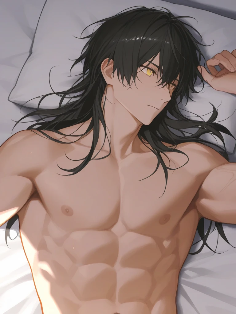 A stunning animie male with Black hair. His eyes are practically covered with his hair. His eyes are two diffrent colors, one blue, one purple, indoors, shirtless, laying on bed, naked, dick, far view