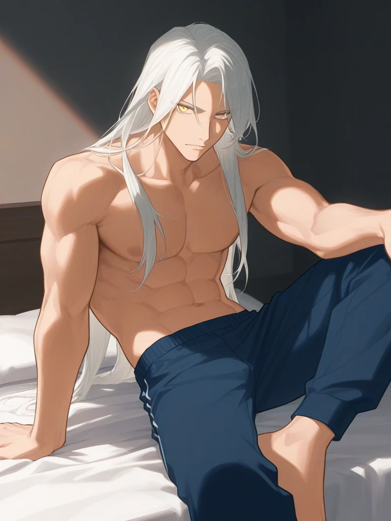 ((Handsome，Young men，goodlooking:1.4，Thin eyes，with a pointed chin，face round，The face and chin transition is smooth))((Perfect body for men:1.4))，Smooth thighs，Bare topless:1.3，Bare underwear:1.2，Briefs，Above panties，There is hair below the navel，Panties strip-like bulges，long whitr hair，Anime image micro 3D，sit on a bed，inside in room，white legwear，Raise your feet，Bottom-up perspective，One guy，high render，Raised sexy
