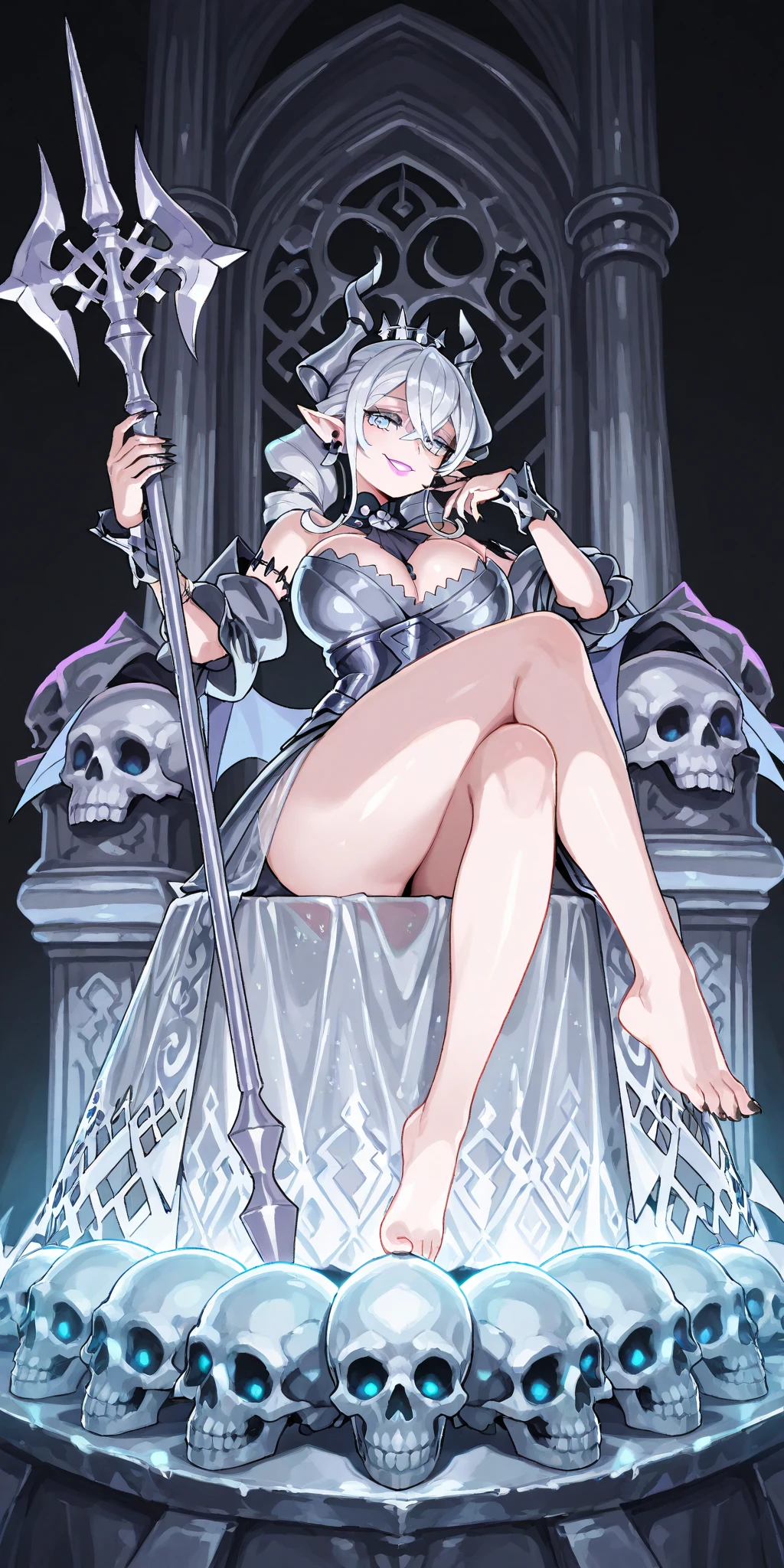 Castle background Throne sofa High level image quality best image quality 8K adult woman whole body view portrait pure red long gloves(elbow gloves) red long dress(slit) horn ears short hair((shortcut)(gray hair)(perm)(fluffy)) eye color is blue attractive evil face , face detail , smile , large breast , sexy pose , labrynth , erotic sting down styles , view from below , show foot