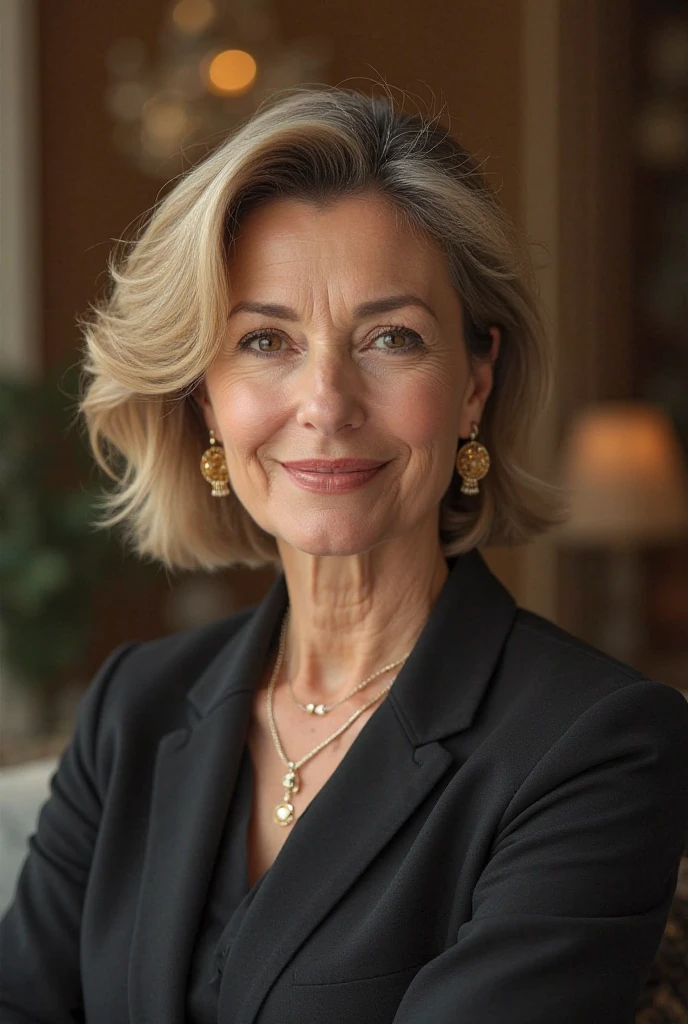 I want a realistic image of a stylish older woman. She is 60 years old with well-maintained blonde Chanel hair and a wrinkled face. She is standing in front of a luxurious mansion.
