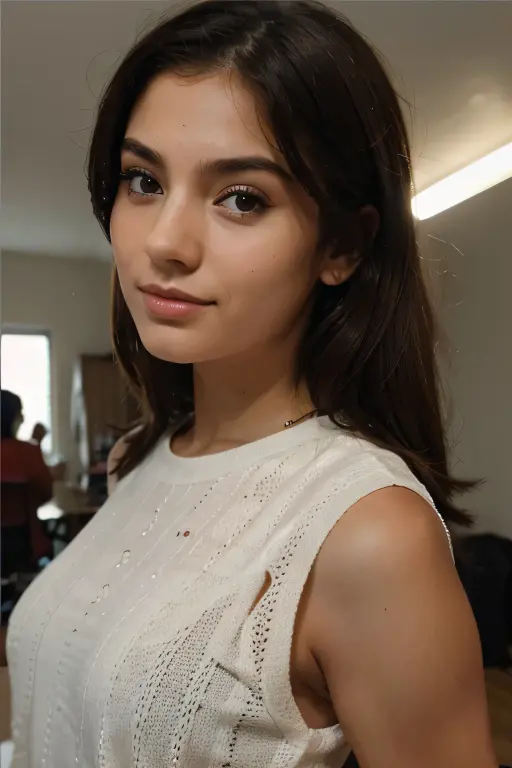 pov_interaction, cm550, white_off_shoulder_sleeved_t-shirt, (high_detail intricate lifelike), face eyes good_hair, livingroom