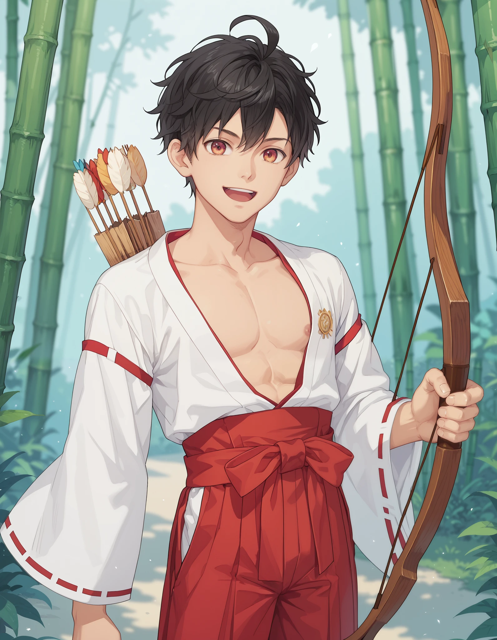 score_9, score_8_up, score_7_up, source_anime, anime_screencap, solo, bow \(weapon\), holding bow \(weapon\), holding weapon, arrow \(projectile\), archery, 1boy, felix_clermont, short hair, ahoge, male focus, smile, open mouth, black hair, bangs, sidelocks, miko outfit, hakama, red hakama, collarbone, open kimono, cowboy shot, bamboo