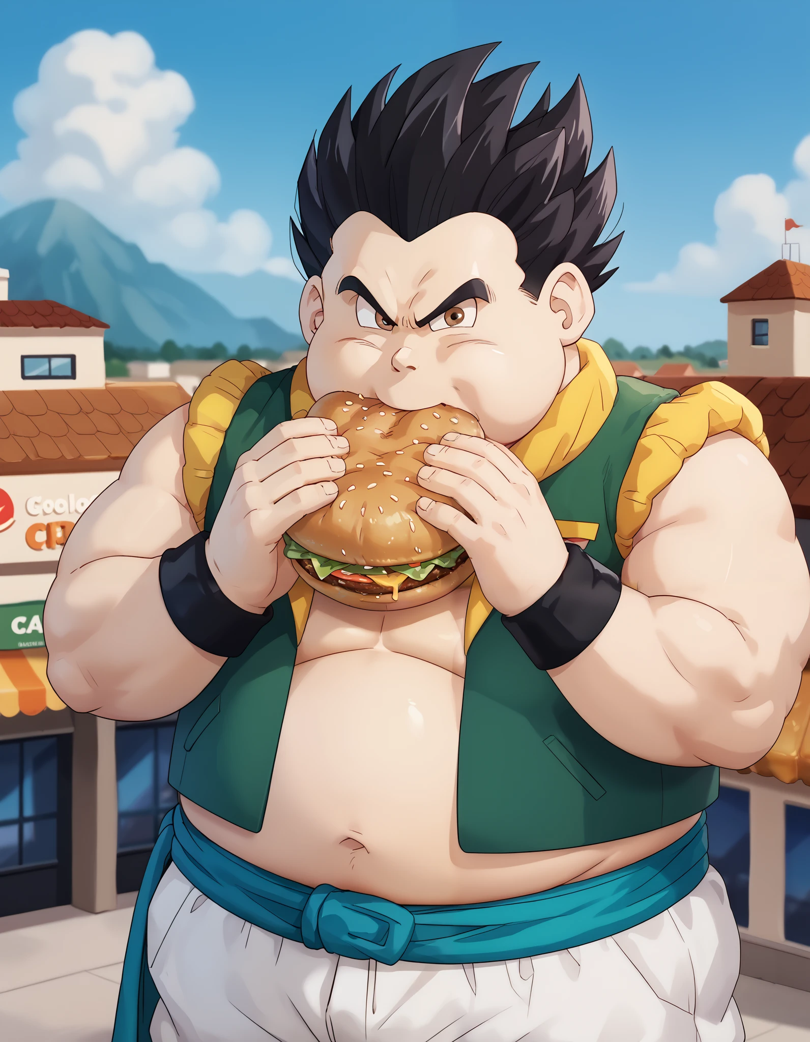 score_9, score_8_up, score_7_up, source_anime, solo, 1boy, male focus, serious, dbzgotenks, brown eyes, black hair, plump, obese, metamoran vest, baggy pants, sash, black wristband, jermaWhopper, eating, burger, cowboy shot, roof, sky