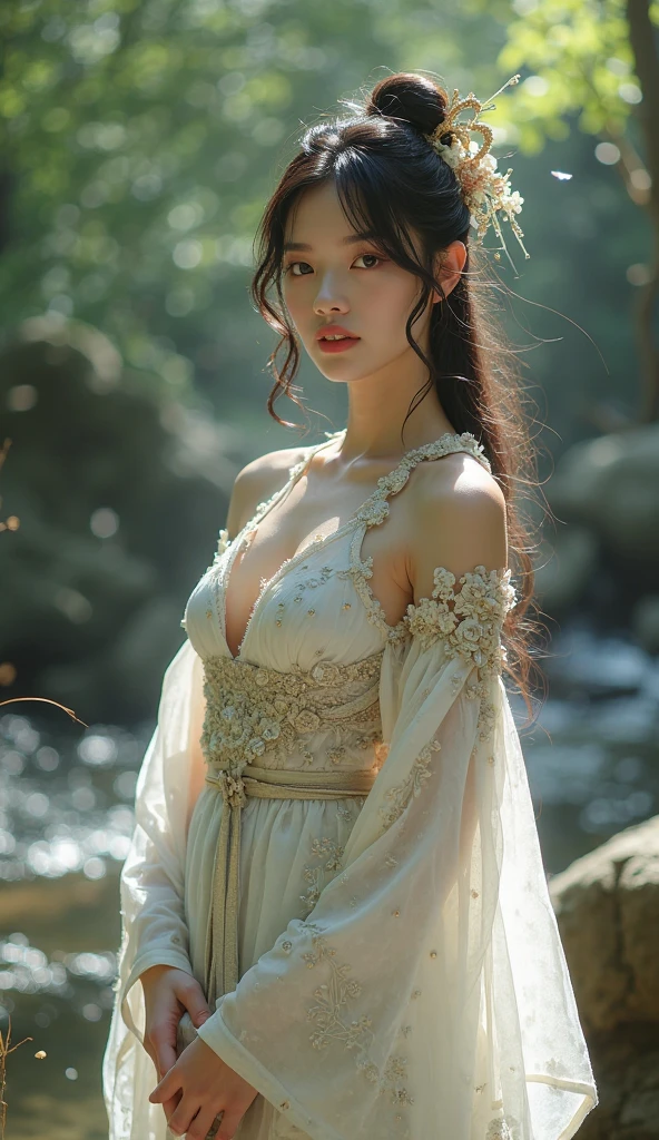 (Masterpiece, best quality:1.2), 1 girl, alone, ((Clothes off the shoulder)), In the depths of wonderland，Moonlight falls like water，mist room，The heroine&#39;s figure was not clearly visible.，Just like the angel in the painting.，sexy legs，Very beautiful legs，Leaky sexy legs，big breasts，美丽而又带着一丝mystifying的色彩。Her face was beautiful and delicate.，like intricately carved jade，Revealing beauty that is otherworldly。Eyebrows are beautiful，The waves in my eyes are like stars twinkling，It shows the light of perseverance and wisdom.。The bridge of the nose is straight.，Lip color like cherry，The corners of his mouth lifted slightly, revealing confidence and calmness.。Her face was clear.，The skin is as fair as jade.，Reveals a healthy glow，Like an angel, She had never eaten fireworks in this world.。Her makeup was light and delicate.，There isn&#39;t too much embellishment.，But when able to show emotion and charm。Light-colored foundation helps reveal the transparency of the skin.，A lightweight eyebrow pencil helps create her perfect brow shape.，Eye makeup is eyeshadow and eyeliner.，It made her eyes brighter and more energetic.。嘴唇涂上grace的口红，Add a little charm and sophistication。她的衣服grace别致，Light, see-through, white clothes fluttered.，It seemed to be blown away by the wind every time.，drifting into the distance。既不失grace，Also shows off her special skills.。Rocking with your movements。Her hair was casually pulled back.，Stay safe with hosta，Some strands of hair blow in the wind.，Add a little softness。Her body appeared in the heavenly realm.，宛如一道big breasts美丽的风景线，Attract everyone&#39;Interest。She looks like an angel in a wonderland.，big breasts美丽、grace、mystifying、and full of energy。