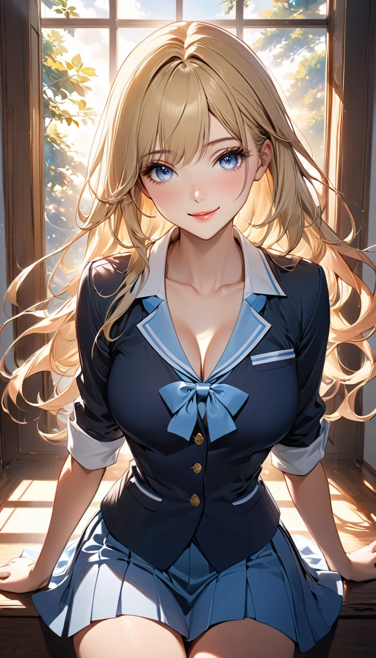 masterpiece,highest quality,32K,ultra detailed,young woman,light brown eyes,light makeup,full breasts,cleavage,fair skin,shiny skin,happy smile,silky hair,bangs,straight hair,ponytail,blond,school uniform,short sleeve dress shirt,plaid skirt,from front,leaning forward,hand between legs,library
