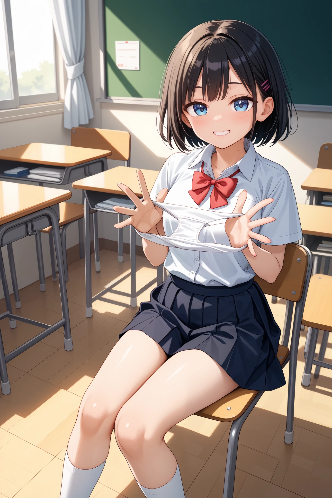 top quality,high resolution,cute woman, a skirt 10cm long above the knee,,presenting panties,white panties,classroom,Sit on a chair:1.5,