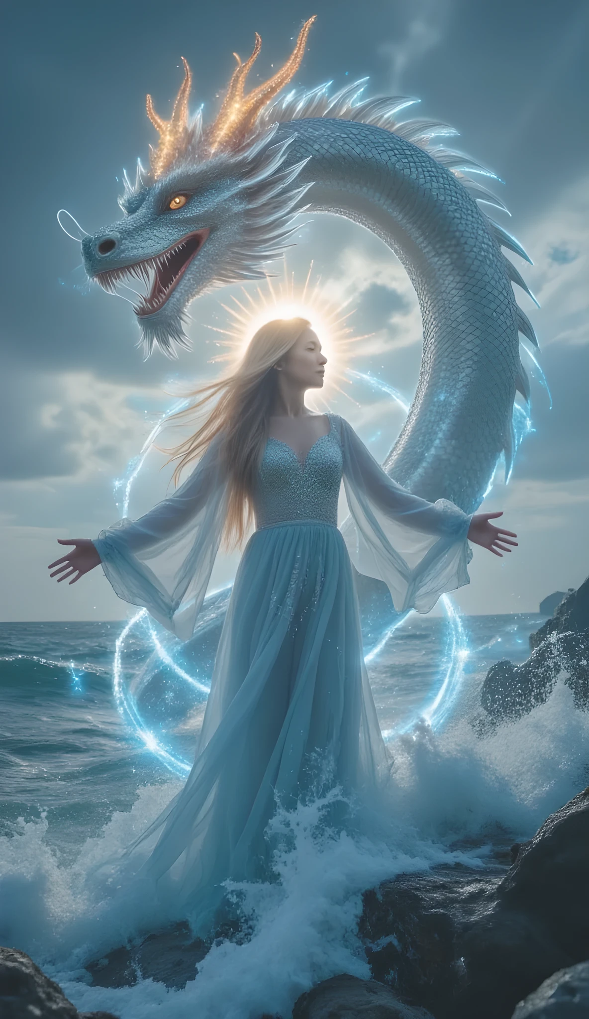 The beautiful painting has a magical and surreal style, depicting a mysterious goddess standing among the raging waves, radiating a divine light. She wears a long silver-blue dress, embroidered with light and thin silk ribbons that flutter, blending with the surrounding water. Her arms are wide open, as if controlling the power of the ocean. Her long, soft hair flutters in the sea breeze, and above her head is a sparkling halo, enhancing her enchanting supernatural beauty.
Behind the goddess, a dragon wriggles, its body covered in sparkling silver-blue scales. Its eyes are shining brightly, its mouth is open, revealing sharp teeth, radiating a mystical energy. The dragon's horn radiates a bright golden light, forming a majestic arc above the goddess, as if protecting and increasing her power.
The sea below is rolling with fierce waves, each ray of light emitted from the goddess's feet seems to blend into the sea water, creating a mysterious energy that connects her with nature. The hazy blue-gray sky, covered with mist and supernatural light, further highlights the divine aura of the goddess and the dragon.
The overall painting creates a majestic scene, expressing the balance between the goddess's softness and the dragon's majestic power, full of epic and mythical qualities.