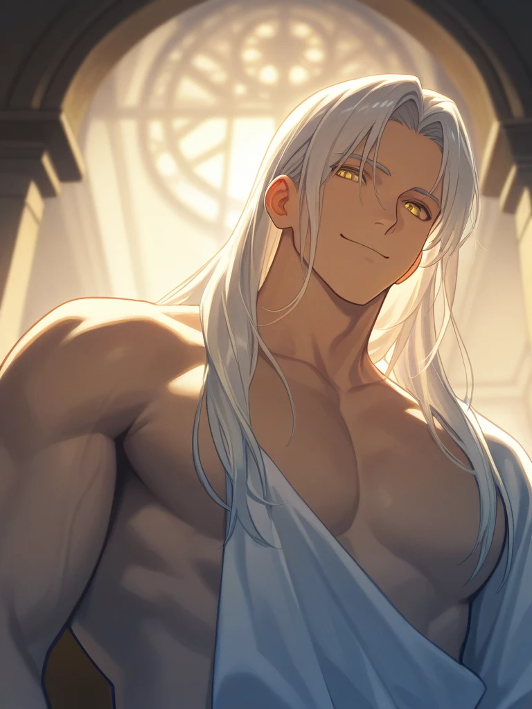 Masterpiece, Male{tanned skin}, 10 pack abs, big biceps{very oily}, long beige hair{side hair}, hairy armpits{sweaty}, has big body{oily and sweaty}, smirking face, handsome face, very very sweaty and oily body, white stuff on his face and body, shirtless, very sweaty, long dick inside pants, showing hairy armpits and dick, gay porn, naked, bed background, long hairy dick, very sweaty wet shirt