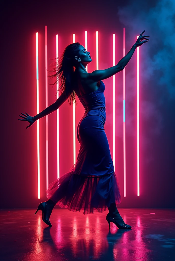 A sensual woman dancing sensually in a room with purple and bronze lights 