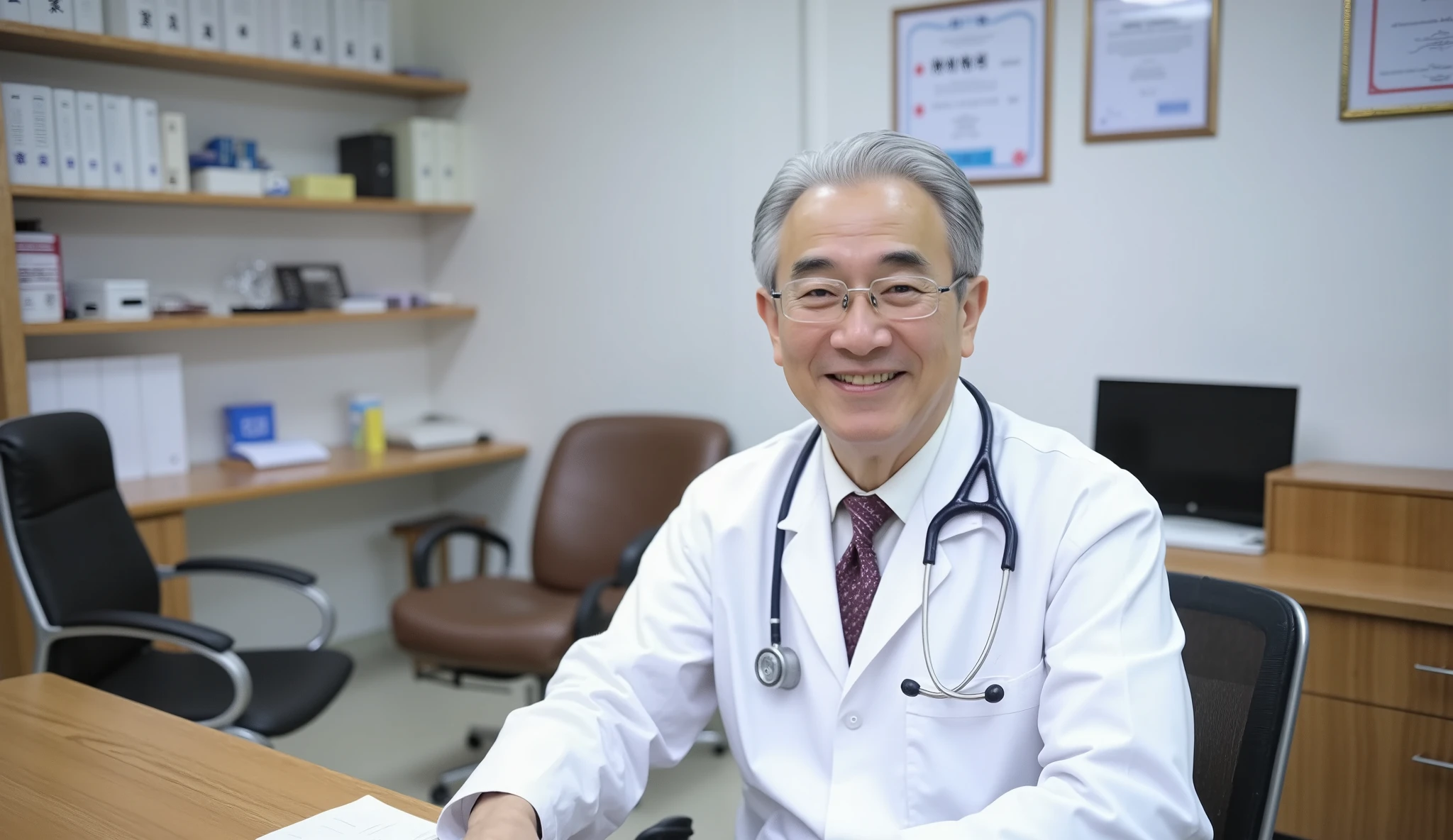 A 70-year-old Korean male doctor sitting at his consultation desk in a private medical office, wearing a white doctor's coat with a stethoscope around his neck, smiling warmly. The setting is a clean, professional consultation room with a wooden desk, comfortable chairs for patients, a computer monitor, medical reference books on shelves, and framed medical credentials on the wall. No examination bed visible - just a comfortable space designed for doctor-patient conversations. The lighting is soft but clear, creating a calm and reassuring atmosphere. His face shows wisdom with silver-gray hair and gentle smile lines. Professional, realistic photography style.