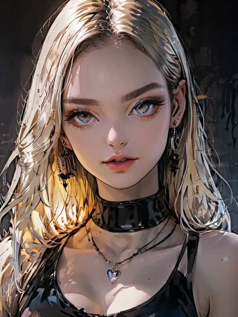 1girl, Black Choker, cute little, (Kpop Idle), (attractiveness:1), fashionable, (Platinum Blonde Hair:0.8), long hair, beautiful detail eyes, dramatic, intense, Irridescent color, Rainbow, sensual pose, full shot, (Delicate images), (Highly detailed), (high resolution), (Best quality), (masterpiece)
