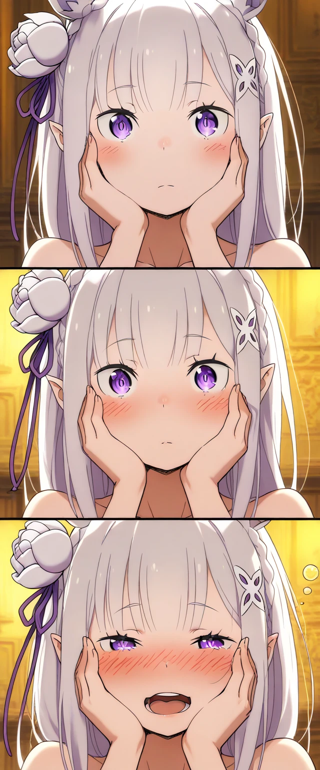 A girl {In towel},
//In toilet//, steam,Azusa pushed me against the wall and came closer and looked at me, blushing
,azusa-default, azusa \(blue archive\),purple eyes,white hair,long hair,wings,hair flower,