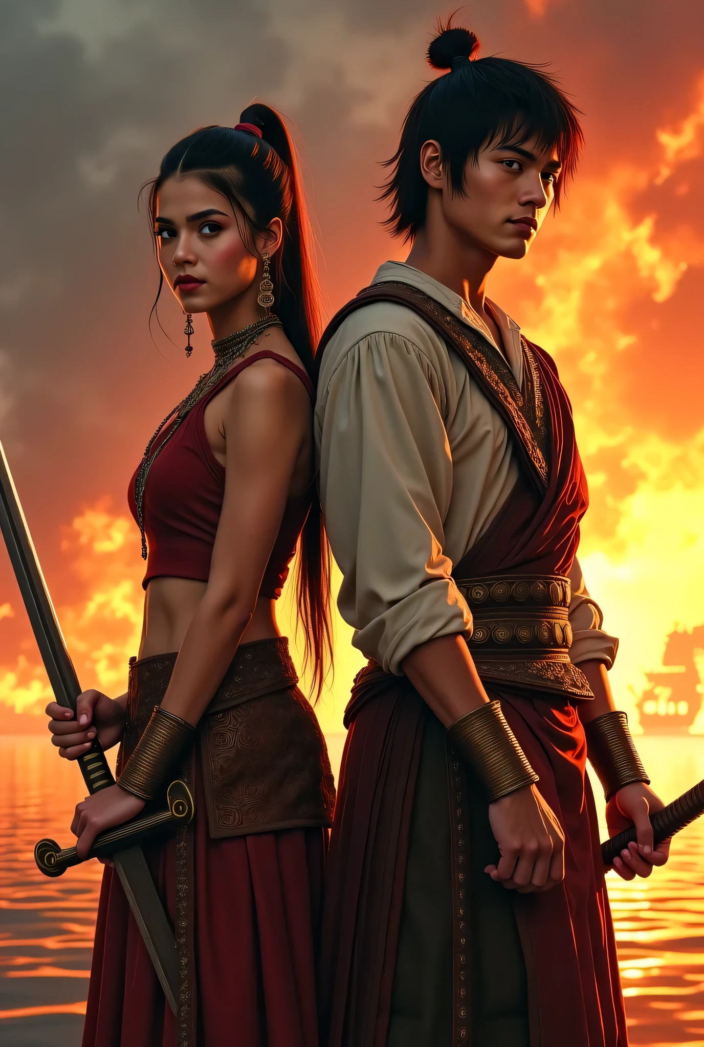**Prompt:**
Liu Kang de mortal Kombat, a monk with red eyes and dragon irises, walks through the bustling streets of Valkaria with firm purpose. Next to you, Mary, your radiant sister, smiles excitedly as they head to the mysterious Arcane Academy.