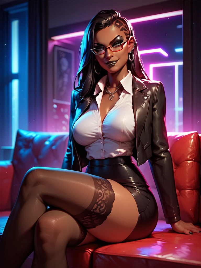 score_9, score_8_up, score_7_up, goth, african american, dark skin, black hair, long hair, elegant hair, black lipstick, black eyeshadow, black eyes, large , living room, smirk, night, stockings, (black jacket, business jacket, collared shirt), glasses, (businesswoman), sitting on couch, crossed legs, pencil skirt