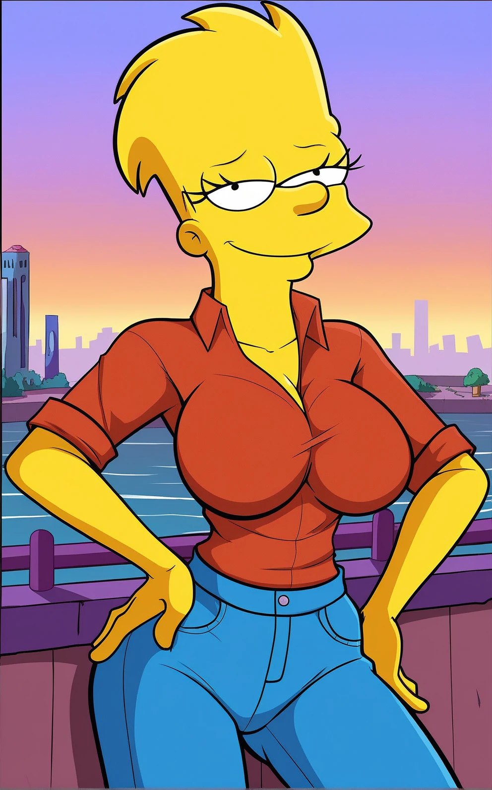 Damian Wayne(aka Robin/Son-of-Batman) transformed into a female blonde bimbo with gigantic breasts with erect nipples and thick lips and is dressed in a pink dress.
