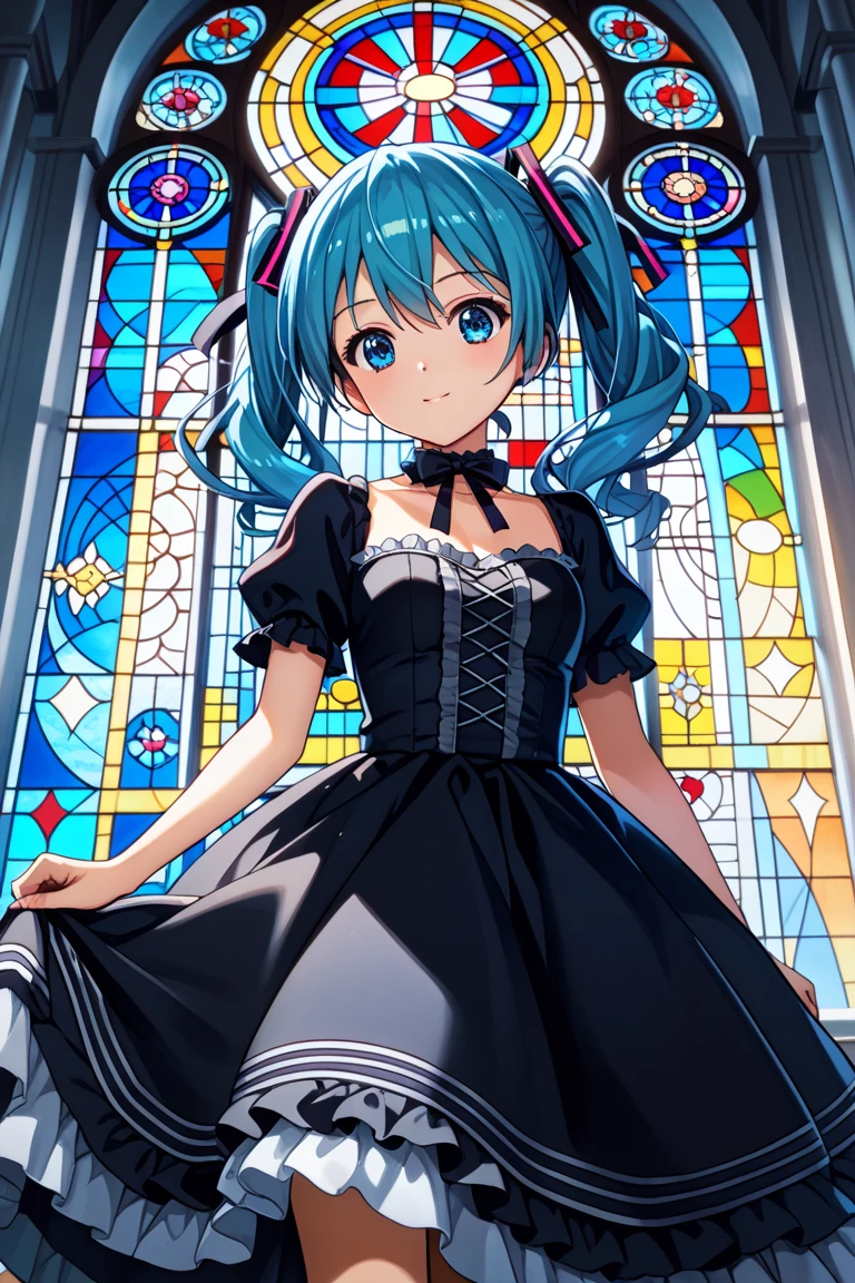 braided bun 
aqua eyes, 
deep starry print hair, 
long hair , 
hair over one eye, 
hair flaps , 
:3, 
blush , 
head_tilt standing , kawaii petit child childish innocent ankle-biter 1girl 8yo, star-shaped pupils small_star symbol in the pupils and iris, ((skindantation)) ((flat chest)) +++, extremely detailed character, (an extremely delicate and beautiful), solo focus, straight-on, dramatic angle, depthoffield, (expressionless languorous cute, beautiful detailed eyes lower eyelashes eyelashes, intricate:1.3 ((Gothic Lolita)) ((Frilled)) dress,skirt, Headdress, bowknot, (((hair ornament))), hair flower, eyeliner skindantation black fishnet_pantyhose, garter straps, Lace, cross-laced footwear, frilled blouse ribbon-trimmed sleeves), bloomers [background(building architecture, stained glass ((gothic architecture)) church, (castle), [fantasy])] stained glass candlestick chain iron prison, St. Peter's Basilica, vachican, +++ 
aqua eyes, 
- aqua hair, 
very long hair , 
top not, 
wavy hair , 
diagonal bangs, 
hair flaps , 
:D upper teeth disgusted eyes, 
embarrassed , 
+++, +++ extremely quality extremely detailed deep-silky-healthy-lackwarm-foundational-soft-skin, illustration high resolution, contrapposto glow shine like opal, <lora:_flat2:-0.3:ALL> <lora:_hipoly3DModelLora_v20:0.3:NF> hiqcgbody ++ Faint lips,UC:realistic cute anime face cinematic angle Girl at the front dynamic pose