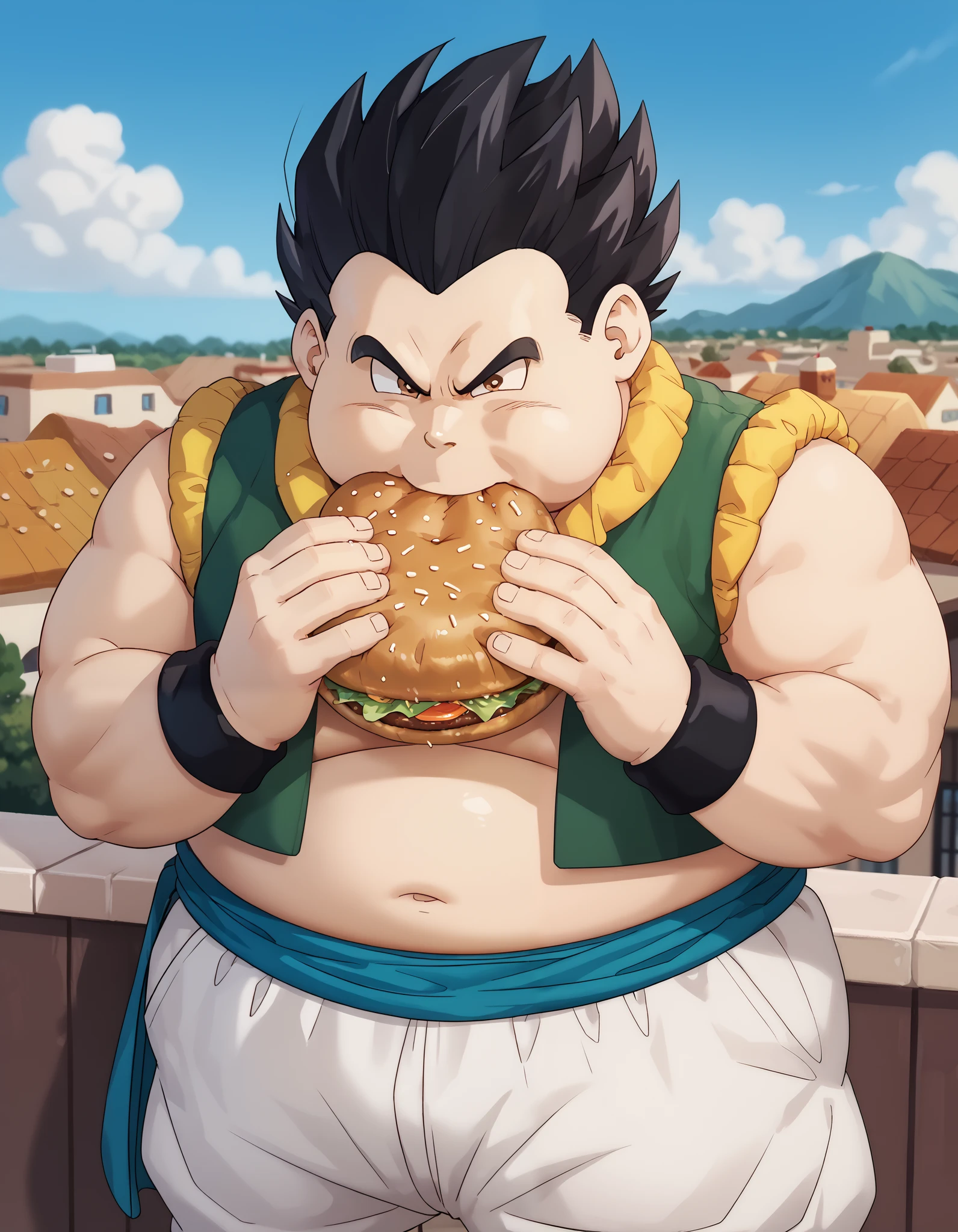 score_9, score_8_up, score_7_up, source_anime, solo, 1boy, male focus, serious, dbzgotenks, brown eyes, black hair, plump, obese, metamoran vest, baggy pants, sash, black wristband, jermaWhopper, eating, burger, cowboy shot, roof, sky