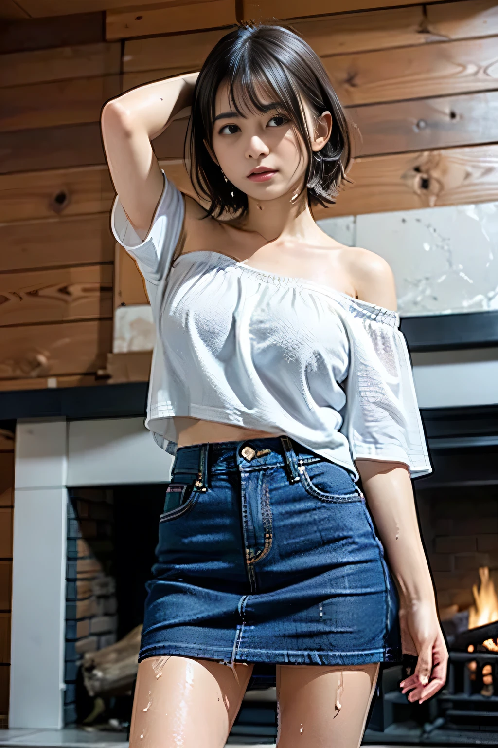 ( best quality), masterpiece:1.2, Ultra A High Resolution, (( full length body shot :1.4))、(( shot from below:1.4))、 photorealistic:1.4, RAW photo, ((In front of the fireplace in a dark mountain cabin:1.4)), ( wide angle shot ), ((white towel on the head:1.4))、((白いタオルで頭を拭いている:1.4)), ((Put Your Hand On Your Head:1.5))、(( rainy chiffon strapless off-shoulder short sleeve shirt wiping my head with a white towel :1.4))、( one girl),( girl), (( wet skin :1.5)), (Real leather ), (( Medium sized breasts、ECup Breasts:1.4))、( short hair, dark brown hair :1.7)、 (( denim skirt:1.4)), ( very well detailed face ),( super detailed eyes), ( Very elaborate nose ), (Ultra detailed mouth), (Ultra detailed arms), ( very well detailed ), Pan Focus , staring at the audience 、Puzzled:1.7、