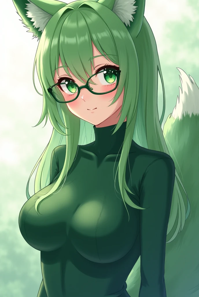 light green ponytail hair 、green deep eyes 、red frame glasses,　green fox ear fox tail、 adventurer's outfit 、slender flat bust, cute girl