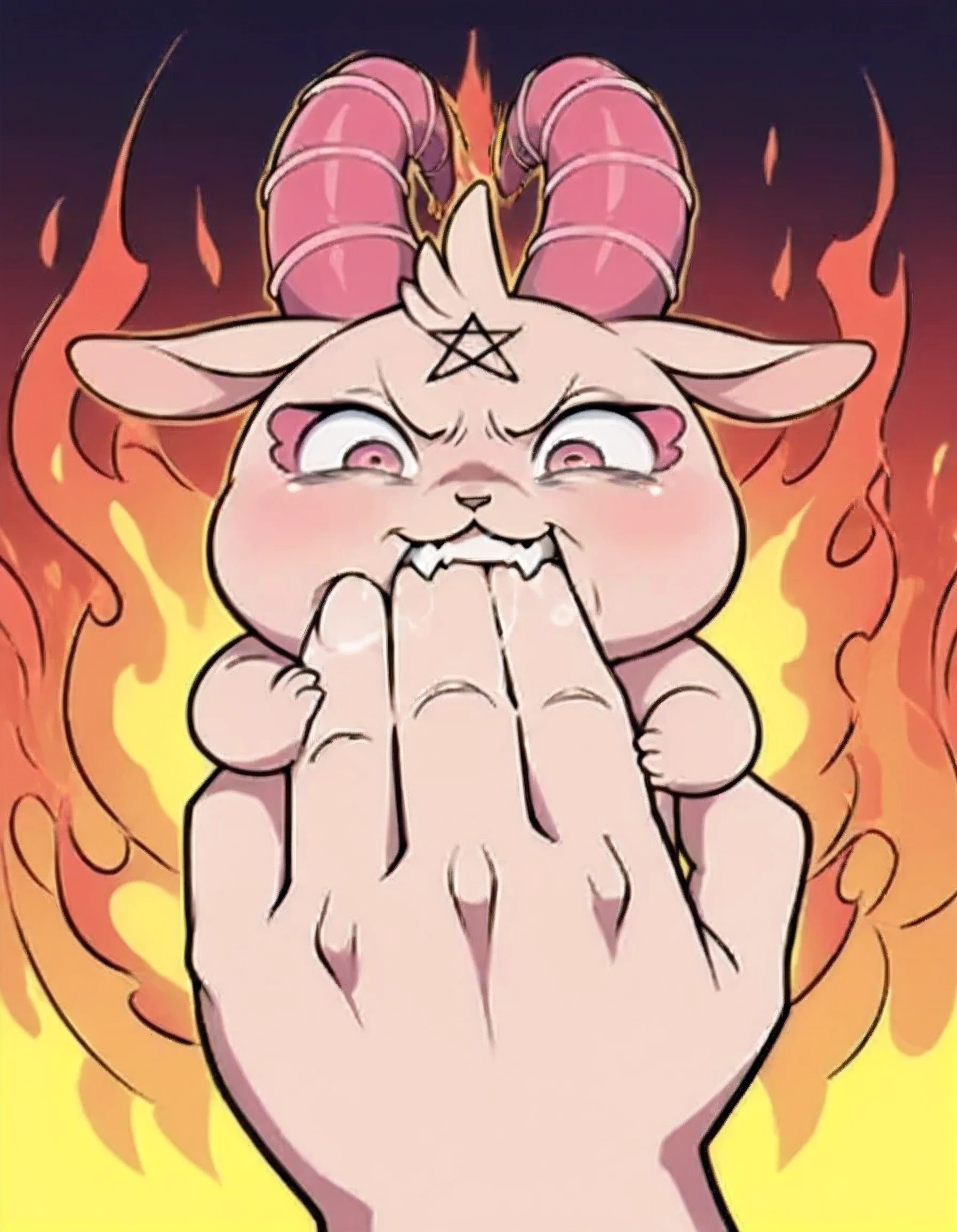 [Theme - Palm 🫳] [Daily Challenge] [Model Test*] - masterpiece, best quality, giant_hand, GrimV25, irritation_expression, solo, GrimV25, chibi, small, curved horn, pentagram on forehead, large pupil, being squished by giant_hands, (funny expression), squished_face, grumpy, flame_background, (((GrimV25 bite_finger))), :3