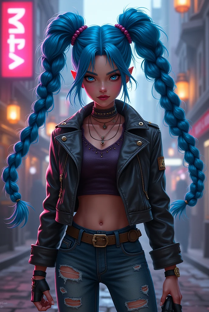 Overhead view, The camera looks at Jinx from above, Like in a computer game, Jinx's character design, Dynamic movements, Standing Half-Sideways, stands on the edge of the roof, Fantasy City, City of Piltover, the night, explosions, fire, Smoke, sparks, Purple Flashes, sexypose, Beautiful figure, Arcane's Jinx, Bright blue and purple sparks all around, glowing eyes, Pink glowing eyes, hairlong, hairsh, braided into long braids, Pigtails hang below the knee, Hair color changes from bright blue to navy blue, Dressed in brown breeches, Leather boots on the feet, Top with four gold circles on the chest in the middle of the chest, Blue cloud tattoos on shoulders and waist, Long bangs, hanging on the right side, Belt with cartridges on the belt, Arcane style, extremely detailed CG unity 8k wallpaper, detailed light, Cinematic lighting, chromatic aberration, glittering, expressionless, epic composition, dark in the background, Cherecter Desing, Very detailed, Detailed body, Vibrants, Detailed Face, sharp-focus, anime art, Vibrants, Detailed Face, Hugh Details, sharp-focus, Very drooping face, A detailed eye, super fine illustration, better shadow, finely detail, Beautiful detailed glow, Beautiful detailed, Extremely detailed, expressionless, epic composition,