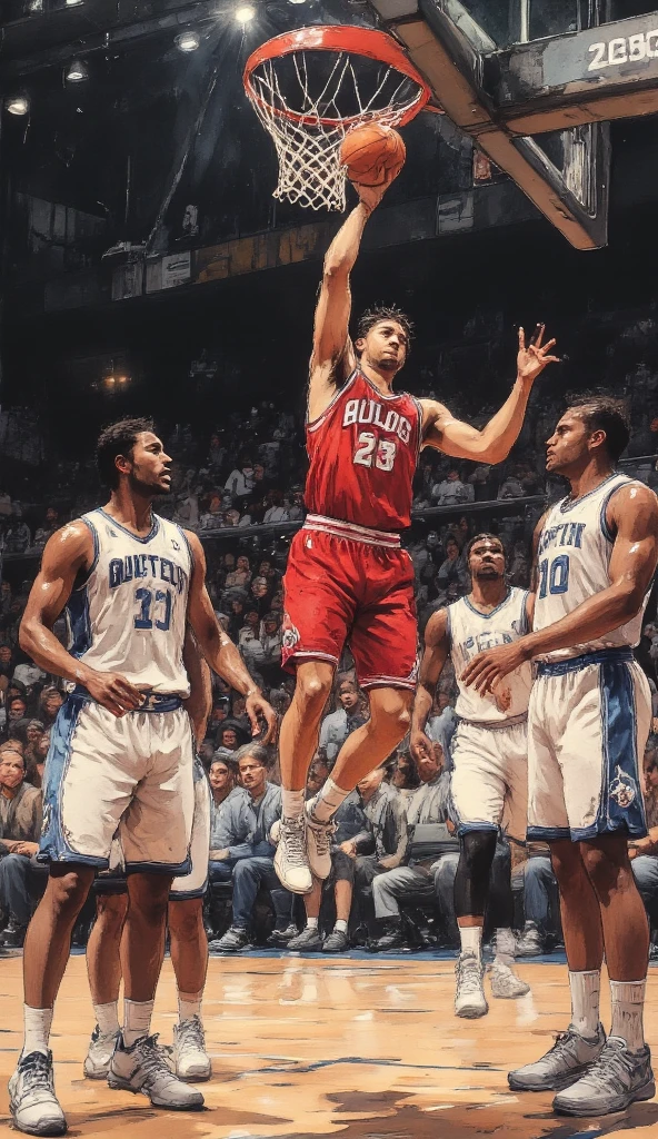 ((best quality))、(super high image quality)、(Super Detail)、(detailed description)、(Best CG ))、(masterpiece)、ArsMJStyle、(Zen ink wash painting)、slam dunk_Mitsui Hisashi、Mitsui Hisashi's 3P shot、(SPARK exciting three-point shot、angle from directly below)、when you give up the game ends there、realistic expression、age up 、 cowboy show 