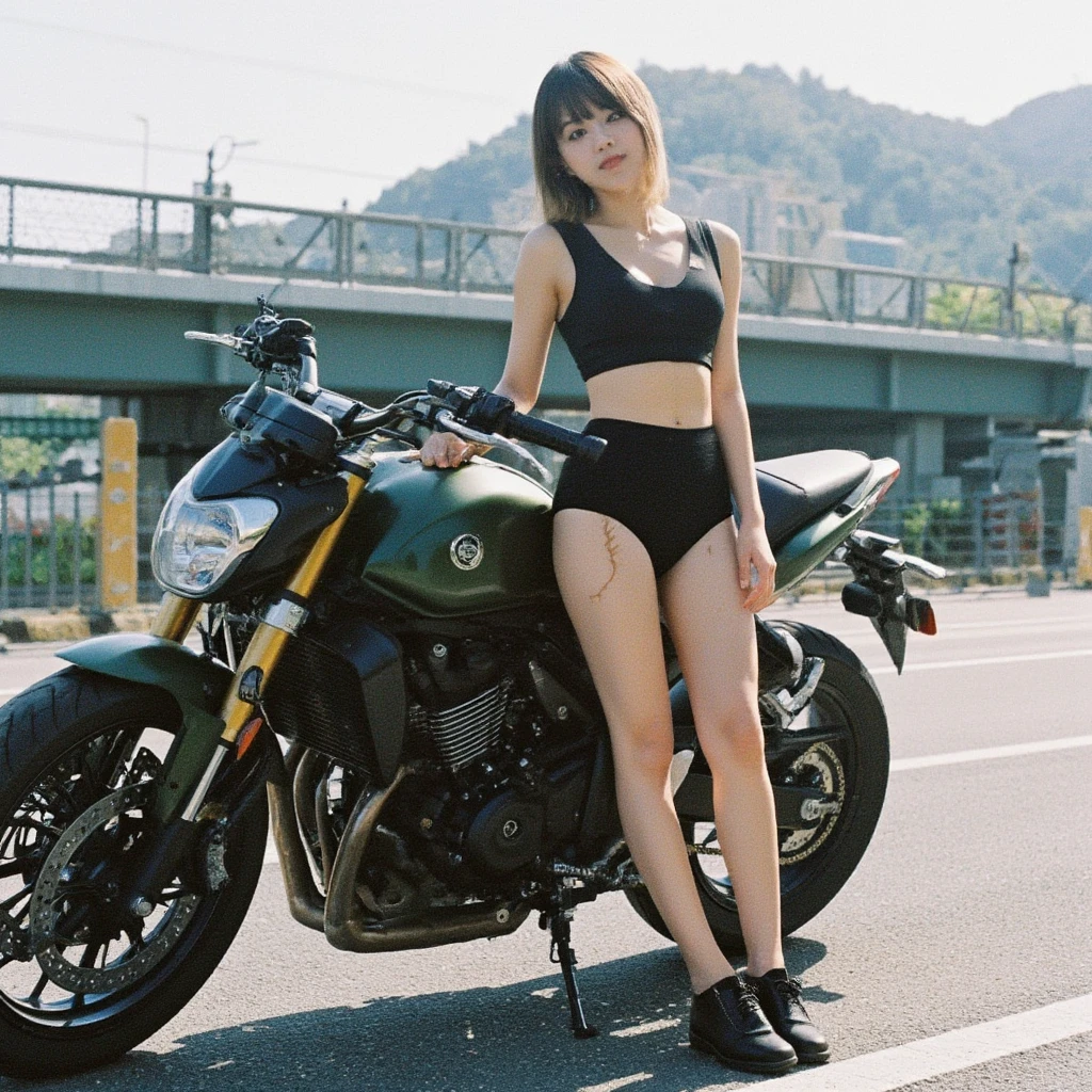 RAW Photo, DSLR BREAK (kkw-ph1:0.9) BREAK a young 18 years old athletic girl standing in front of a motorcycle, purple hair, short undercut haircut, white background