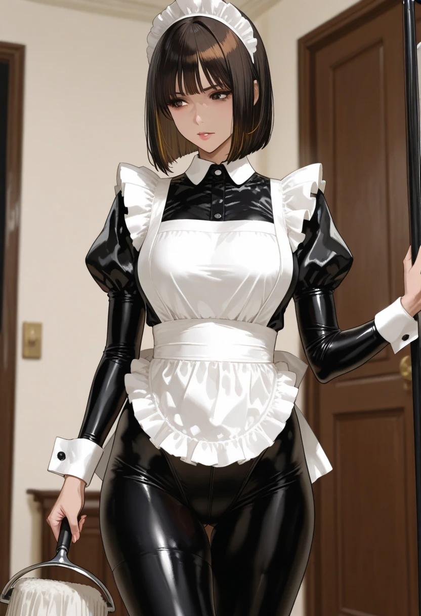 Portraiture、(masterpiece,Highest quality,Ultra-high resolution),Japanese women, (((Very beautiful 25 year old girl))),(White latex maid outfit)、(White latex long skirt)、(A long-sleeved latex shirt that covers the upper body)、White latex gloves、White latex socks、White latex bodysuit、Frills、The clothes fit snugly to the body、Latex is very shiny、Dark Room、
