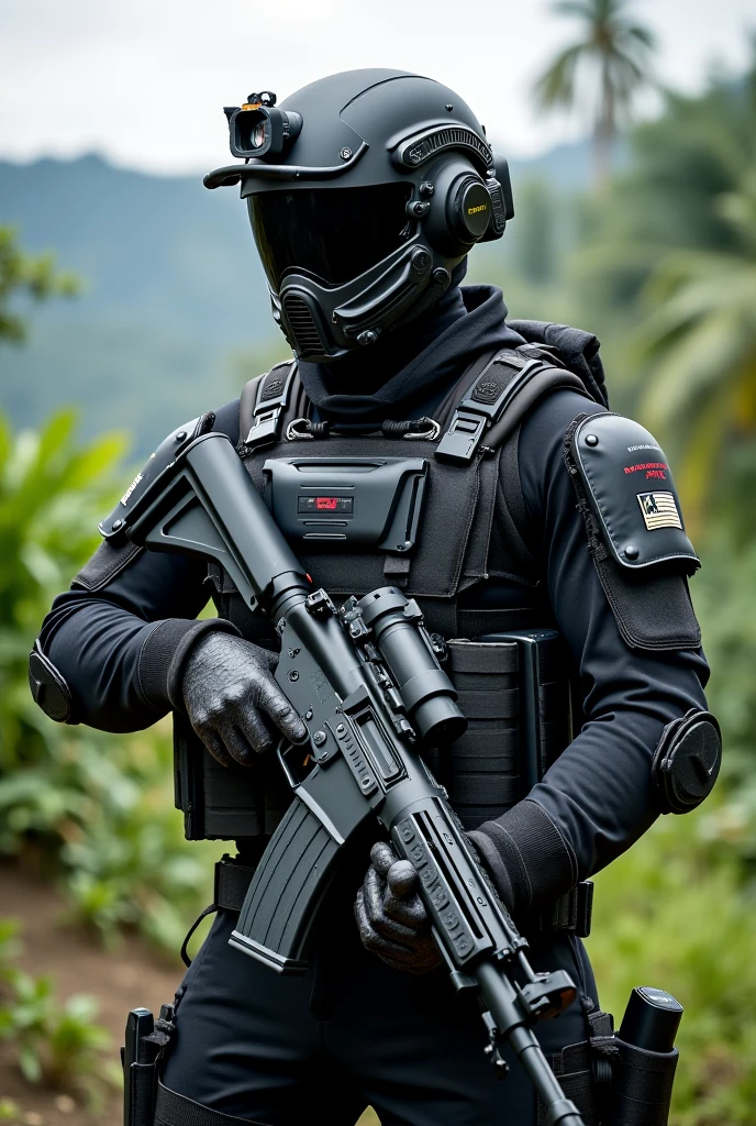 <lora:soldier_xl_2:1> a photo of a soldier, helmet, sunglasses, black cloth mask, wearing full gear, holding a ak47, standing gaurd
