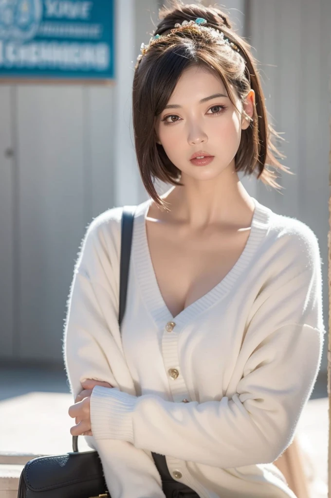 8K、top-quality、masterpiece、超A high resolution、a picture、Beautiful Japan female elegance、There a good、Transparent atmosphere、sexy lip、oblique bangeautiful face、Very short、short-cut、short-hair、Putting hair together、 bangs、smil、chubby lips、natural soft light、1girl in、de pele branca、Look into the distance、Duck mouth、Hanging eyes、Thin thin eyebrowrown-eyed、tall、a large bust、cleavage of the breast、Bust that seems to overflow、pureerosface、cowboy shot、a necklace、wrist watch、24 year old、Wine red color、rot、V-neck knit T-shirt、cashmere、long-sleeve、High Stretch、Physically fit、Calm fashion、Tight、Futomo、escalators、Whip body、Black Scar