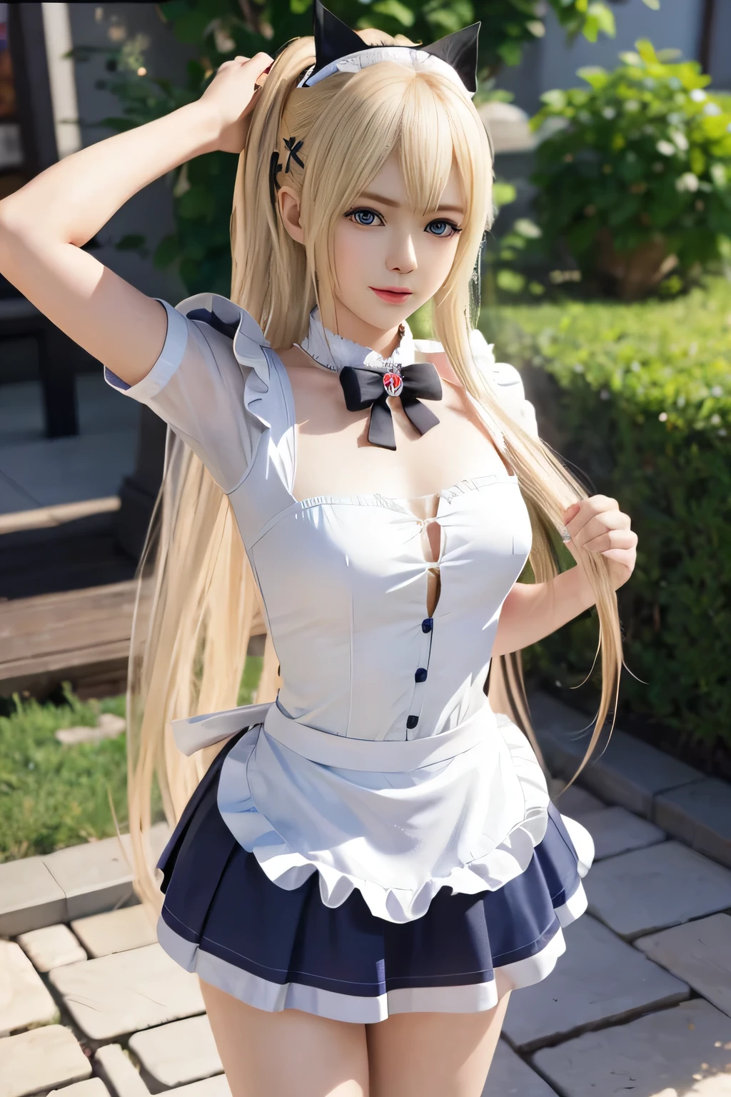 (Very cute 20 year old young woman from Japan),  ((bright blonde delicate hair)), ((Short hair with side wave twintails)),(((Slender and slender body type)))，medium bust size､small tits､ (((Clean hands)))，(Curly hair)，(((Very sweet smile))), (((She is wearing navy blue and white lace panties)))，(((She is wearing a navy blue and white knit dress.))) ，((of the highest quality, 16 K, masutepiece: 1.3)), Light on Face, hyperdetailed face, very detailed lips, Detailed eyes,