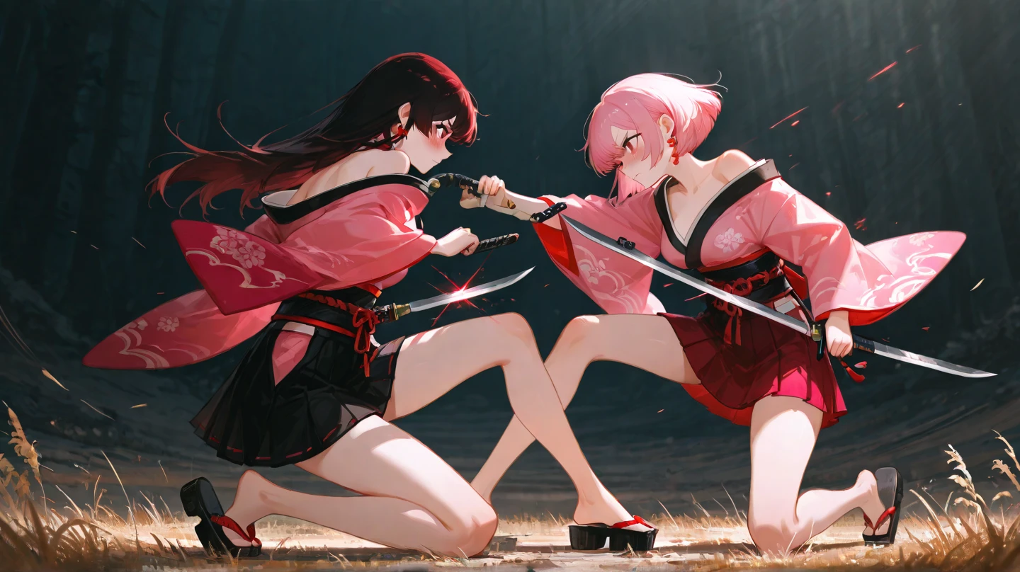 Full body shot of fighting between two female character from Dead or Alive game. Kasumi versus Ayane, 1 versus 1. They are fighting in a fierce duel death match with short swords weapon, with serious expression. They have long loose hairstyle and, small thighs, and slender legs. They are wearing different color of traditional sleeveless kimono, a pair of thin long black elbow gloves, proper skirt with no slit, an obi tied on back hip. Both of them are wearing a pair of black thigh highs and black shoes. Background set in a lush forest.
