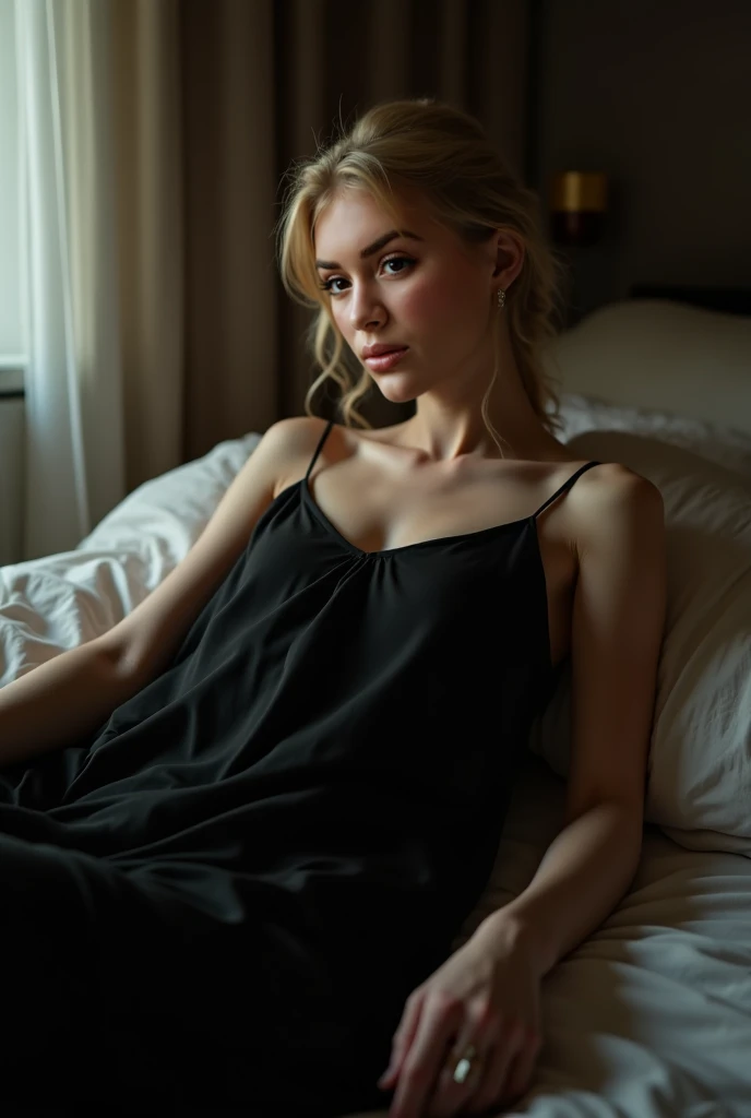 (best quality,realistic,ultra-detailed),a sexy and slim 18-year-old French blonde woman in black short sleeve nightdress, visible leg,sur un lit, sensual gaze, fake fellatio, seductive 