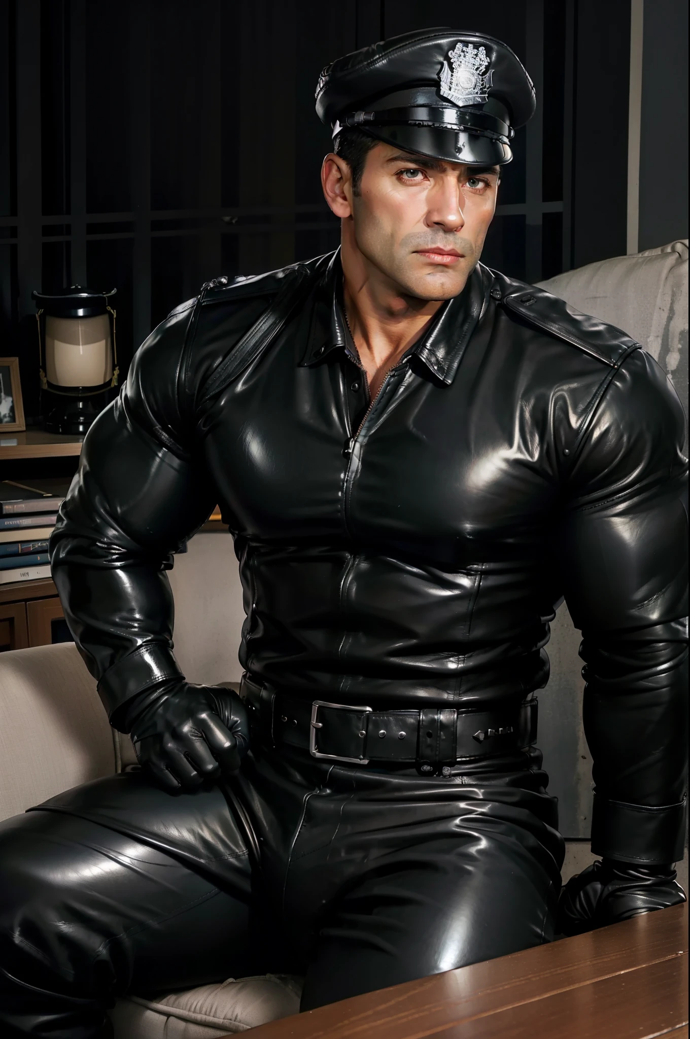 30 year old police officer with big muscles wearing black leather gloves and a tight leather trouser police hat sitting on the sofa, handsome face without beard, in the office,"big muscle", ,black hair,asia face,masculine,strong man,the police officer is,handsome,,leather gloves,look straight ahead,police officer is handsome,dad is handsome