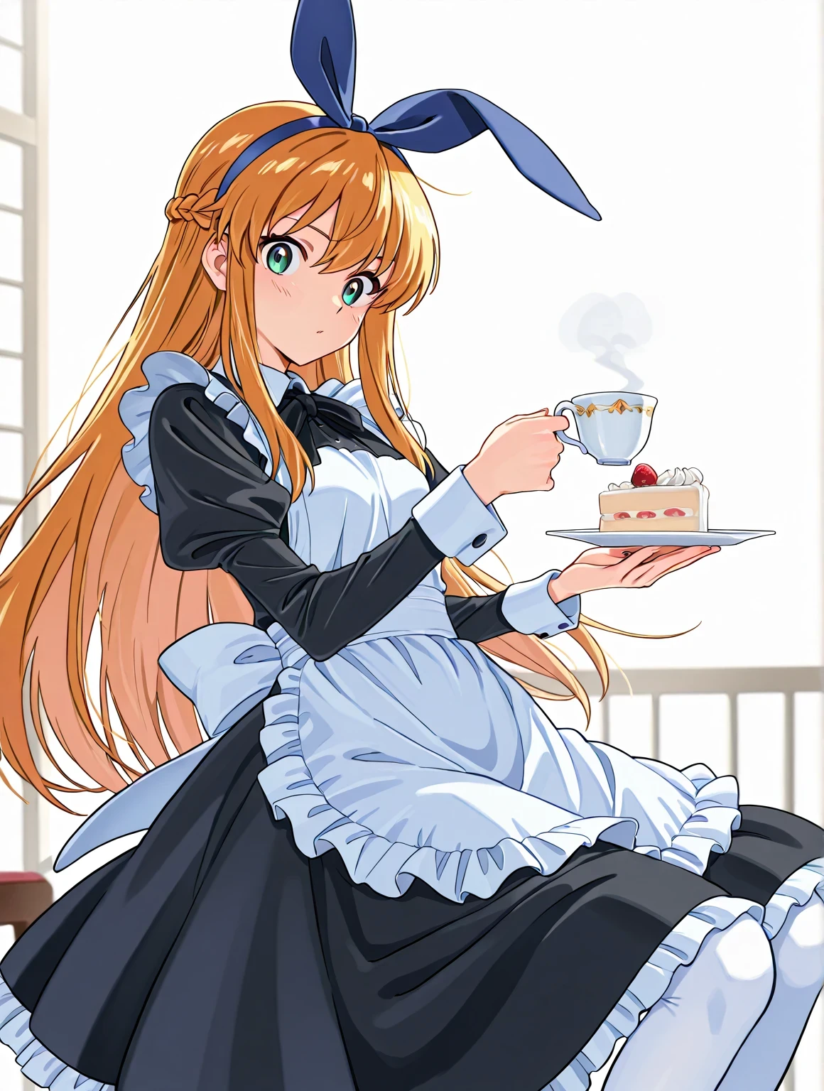 score 9 、score 8 up、score 7 up、source anime、傑作、最高品質、高解像度、1girl、anime with a cup of black tea and a cake、solo、変化 in dress、( メイド ) 女の子rtrait of 変化ta、金髪、長髪、青い瞳、french braid、crown braid、blue hairband、クラシック少女、美しいアニメの女の子が椅子ている、色付きスケッチアニメマンガパネル、2000年代のアニメの芸術スタイル、巨乳、大きな胸、青いメイド服、white pantyhose、変化、お上品な雰囲気、slender body、マンガ絵画、長袖、公式ファンアート、高画質ファンアート、ボーウォーターの芸術スタイルで、anime 女の子 in a d costume、魅惑的なアニメの女の子、アニメの絵、long at viewer、カウボーイショット、少女の焦点、高品質カラースケッチ、アニメ萌えアートスタイル 、素敵な服装を着て、(anime 女の子)、美しいアニメのポート、an anime 女の子、pretty anime 女beautiful anime 女アニメペインタースタジオで作成、アニメチ!!!、アニメ画家のスタジオで描いた、リアルなアニメアートスタイル、デジタルアニメアート!!、