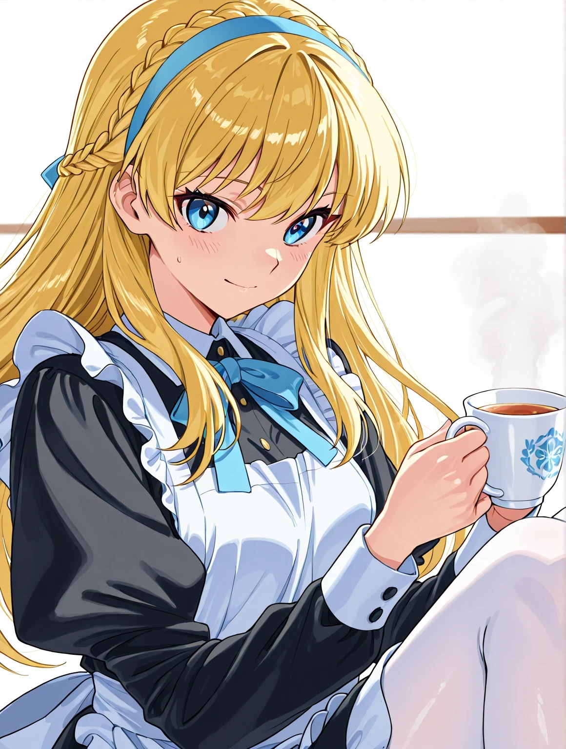 score 9 、score 8 up、score 7 up、source anime、傑作、最高品質、高解像度、1girl、anime with a cup of black tea and a cake、solo、変化 in dress、( メイド ) 女の子rtrait of 変化ta、金髪、長髪、青い瞳、french braid、crown braid、blue hairband、クラシック少女、美しいアニメの女の子が椅子ている、色付きスケッチアニメマンガパネル、2000年代のアニメの芸術スタイル、巨乳、大きな胸、青いメイド服、white pantyhose、変化、お上品な雰囲気、slender body、マンガ絵画、長袖、公式ファンアート、高画質ファンアート、ボーウォーターの芸術スタイルで、anime 女の子 in a d costume、魅惑的なアニメの女の子、アニメの絵、long at viewer、カウボーイショット、少女の焦点、高品質カラースケッチ、アニメ萌えアートスタイル 、素敵な服装を着て、(anime 女の子)、美しいアニメのポート、an anime 女の子、pretty anime 女beautiful anime 女アニメペインタースタジオで作成、アニメチ!!!、アニメ画家のスタジオで描いた、リアルなアニメアートスタイル、デジタルアニメアート!!、