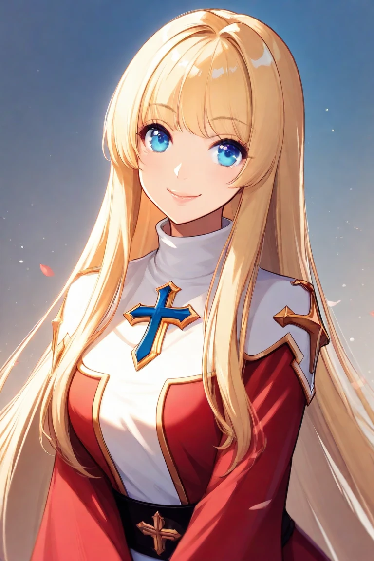 <lora:attire_ro_highpriest:1> ragnarokhighpr, cross, bow,, ultra detailed, masterpiece, best quality, aesthetic, detailed,, solo, soft smile, light smile,
1girl, blue eyes, very long hair, blonde hair, long blonde hair, french braid, bangs, medium breasts,