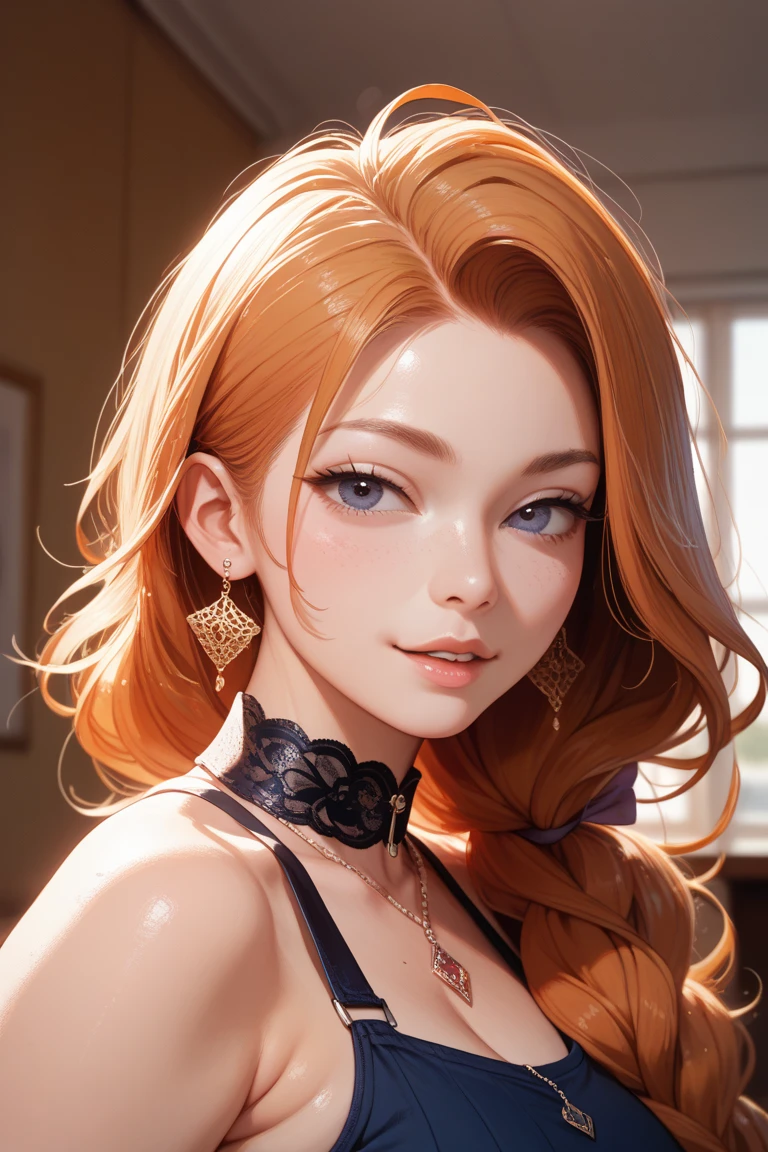 long hair, wavy and dark. She is wearing a red sleeveless blouse. Her eyes are brown and she is smiling, showing white, straight teeth. She has bangs that cover her forehead and wears light makeup., with eyeliner