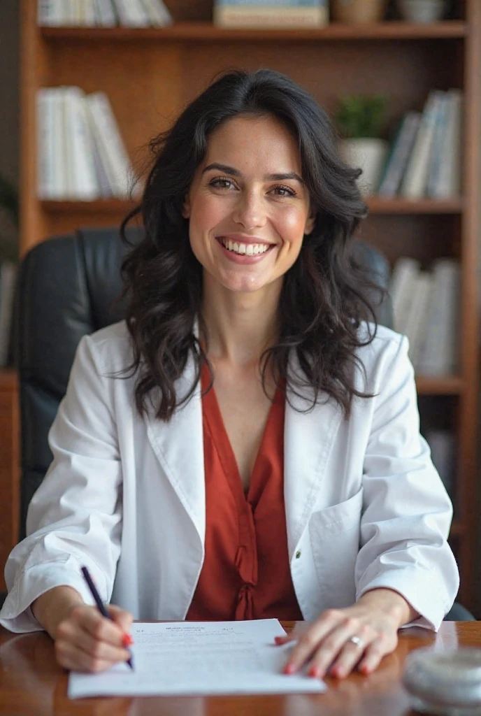 White woman, 32 anos, bbw, gorda, medium breasts, Black, slightly wavy hair.
Sitting at the desk in her office, with a bookcase in the back, wearing an open white lab coat, with a low-cut red blouse under the clothes. Smiling and leaning forward