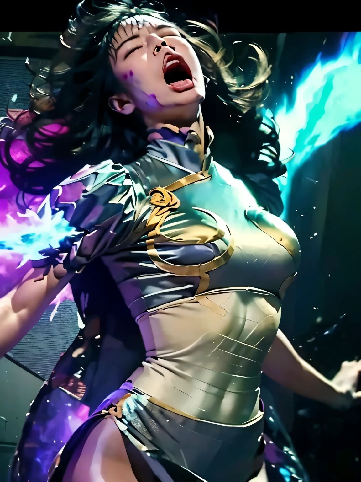 large amounts of dark energy hit directly on the abdomen and are being blown backwards, My body is burning with purple dark energy , scream, close your eyes , hurts, torn clothes, high resolution, ,