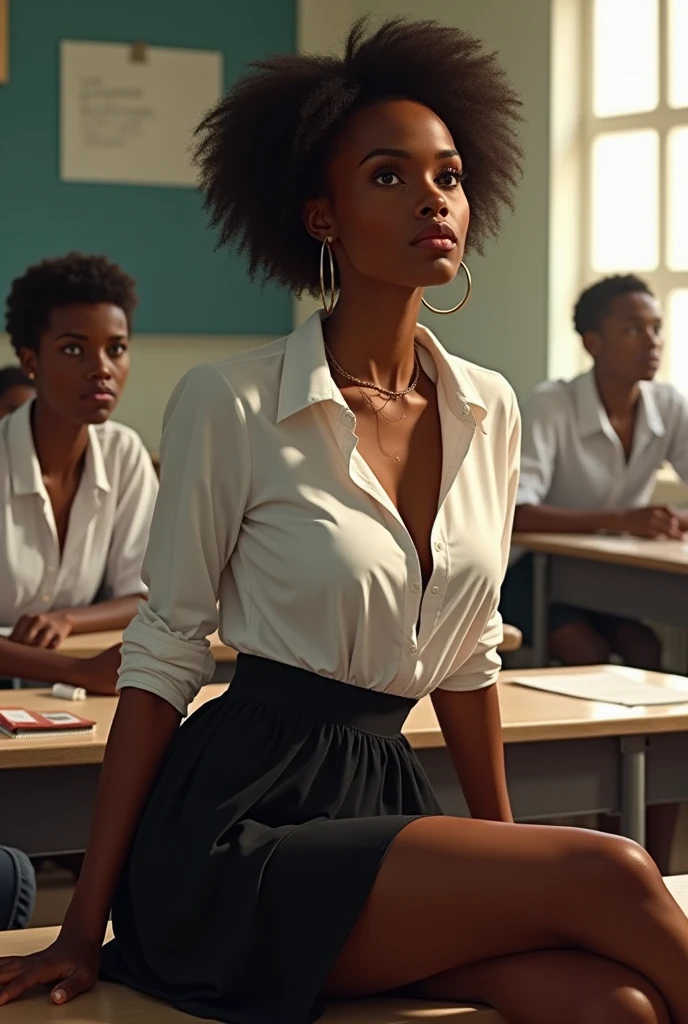 Realistic photo of nude big breasted black woman in a classroom