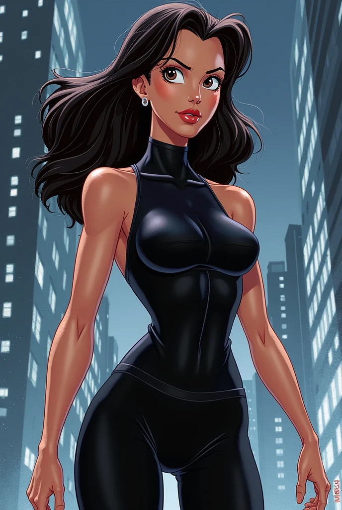 comic book, noir inspired poster with title "(change)". "(white skinned girl with long black hair with a single braid down to her waist, action scene, corpo perfeitoescult,ponto de fuga, perspectiva visao aerea, cinematic angle)". The scene should be in the distinct digital art style of comic book, with.