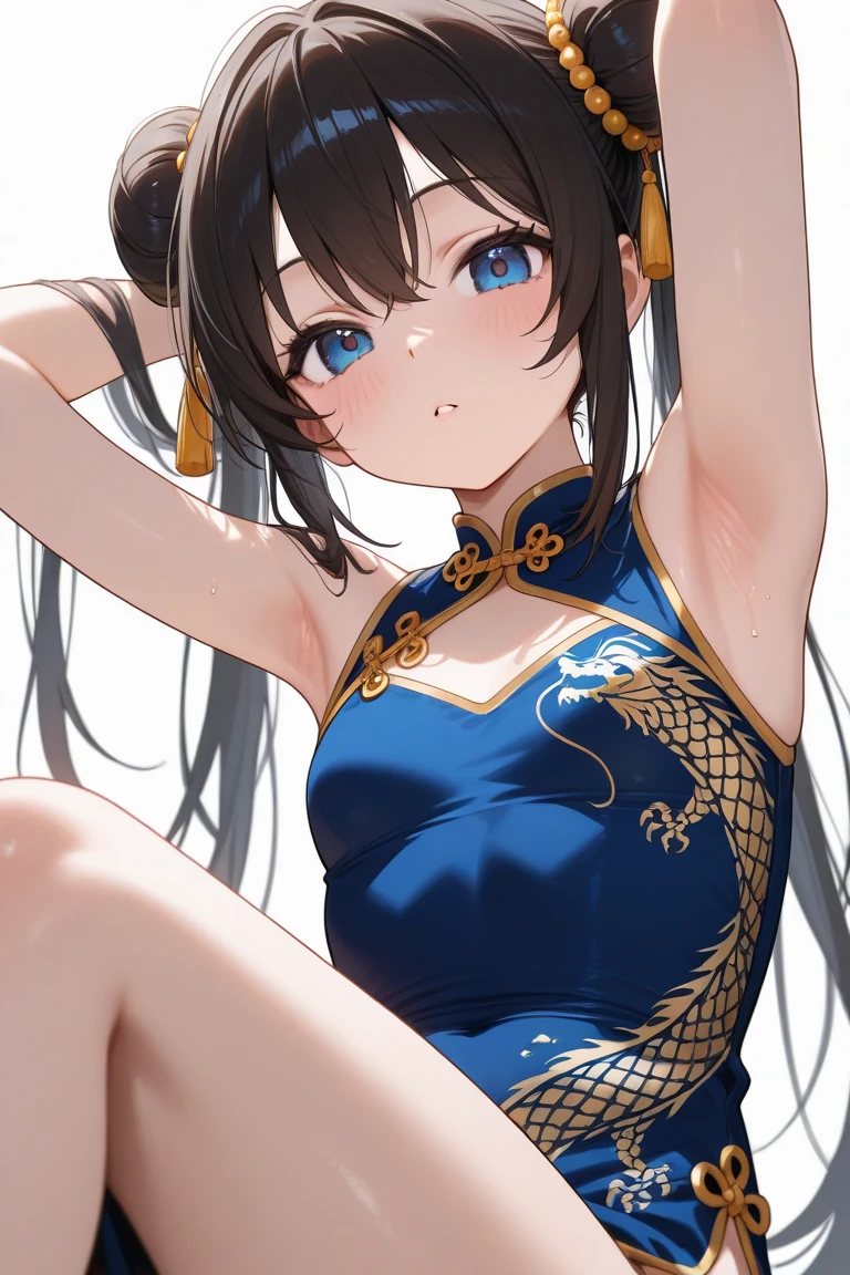 (Realistic:1.3), (photoRealistic:1.2), (highest quality), (Detailed skin:1.3), (Intricate details), One woman, 19 years old, Detailed skin texture, (blush:0.5), Scattered beneath the surface, smile, Black Hair, Straight Hair, Long Hair, bangs, Hair between the eyes, Reduce hair volume, Sparkling blue eyes, Lens Eye, Light reflection in the eyes, Symmetrical eyes, looking at the camera, hair ornaments, Close-fitting clothing, Wearing edgJF_China dress, Side slits, (China dress), Floral prints, A woman has two legs, Two arms, Five fingers, Two joints in the fingers, Fingers are roughly parallel, barefoot, Depict the whole body. (((Study))), ((vagina)), (Functional), Finger in vagina, Spread your legs