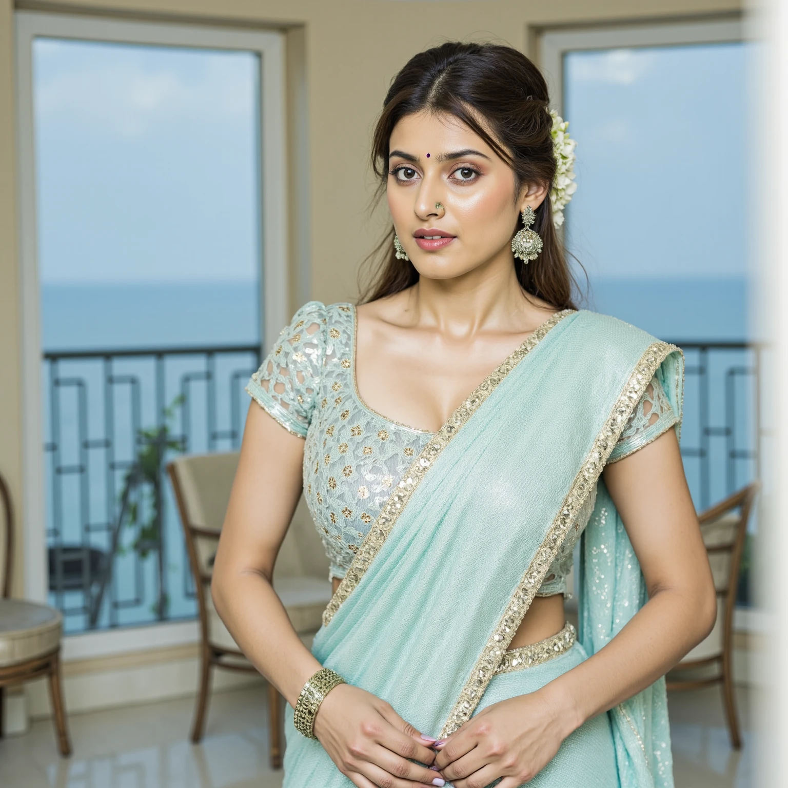 Vertical portrait of a stunning Indian caucasian in her 30s, dressed in a sun-kissed multicolor saree, exuding confidence and determination. Her Trendsetter wolf-cut brown hair falls softly around her face, framing her striking features. Julianne Arrieta-esque charm radiates from her soft smile and full lips, which seem to hint at a thousand secrets. Her black eyes gleam with intensity, as if plotting the next big move in the corporate world - she's a CEO, after all. The sleek, modern composition is set against a smooth, colorized background, emphasizing her sharp jawline and chiseled features. Every detail, from the subtle highlights on her hair to the delicate folds of her saree, is rendered with hyper-realistic precision, making this digital art piece truly breathtaking.