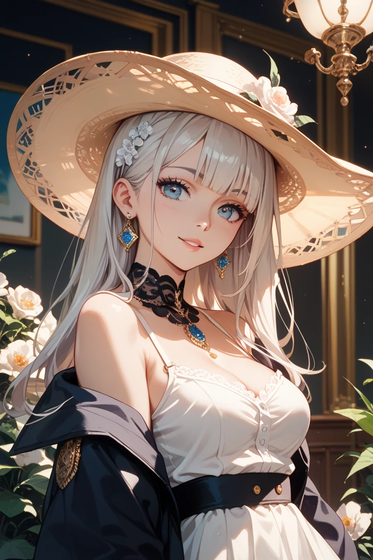 Cowboy shot, Perfect anatomy, seductive, leaning on a tree, Best quality, masterpiece, beautiful face, beautiful rich luxurious elegant mature lady, beautiful smile, expensive sleeveless strapless silver dress, long beautiful long hair, detailed eyes, beautiful eyes, hyperdetailed face, complex, symmetrical face, sharp focus, perfect, textured, chiaroscuro, professional make-up, realistic, figure in frame, correct body, perfect biology, flawless, artgerm