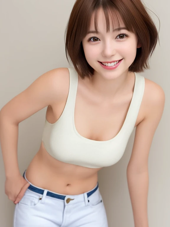 (Highest quality:1.5), (Real:1.4), (Ultra high definition:1.4), (No correction:1.4), (18 years old short Japanese girl with big breasts standing front plain background), (Short stature girl), (Asymmetrical bangs), (short hair), (Pink tank top), (jeans), (18 years old short girl wears pink tank top and jeans), (girl viewed from the front), (Plain background), (Cowboy Shot), (smile), (upright),