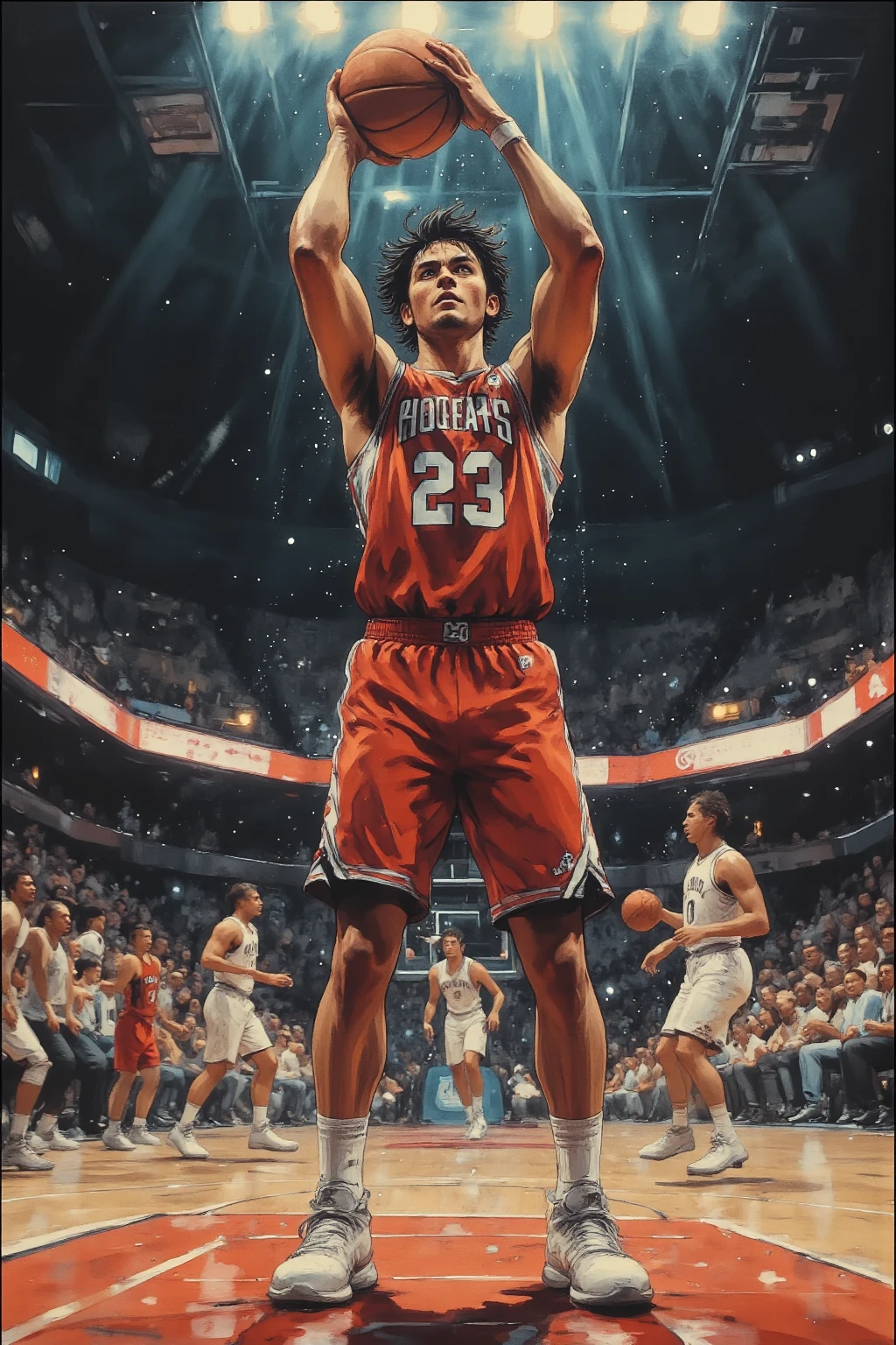 ((best quality))、(super high image quality)、(Super Detail)、(detailed description)、(Best CG ))、(masterpiece)、ArsMJStyle、(Zen ink wash painting)、slam dunk_Mitsui Hisashi、Mitsui Hisashi's 3P shot、(SPARK exciting three-point shot、angle from directly below)、when you give up the game ends there、realistic expression、age up 、 cowboy show 