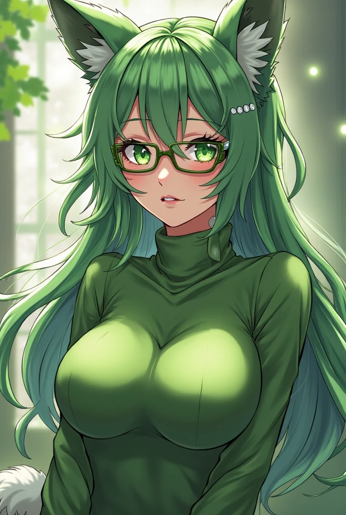 A green haired woman with violet eyes with an hourglass figure with glasses in a cute sweatshirt dress is smiling on a couch